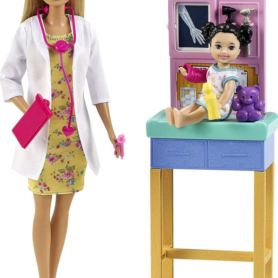 Barbie Pediatrician Playset, Blonde Doll (12-in), Exam Table, X-ray, Stethoscope, Tool, Clip Board, Patient Doll, Teddy Bear, Great Gift for Ages 3 Years Old & Up