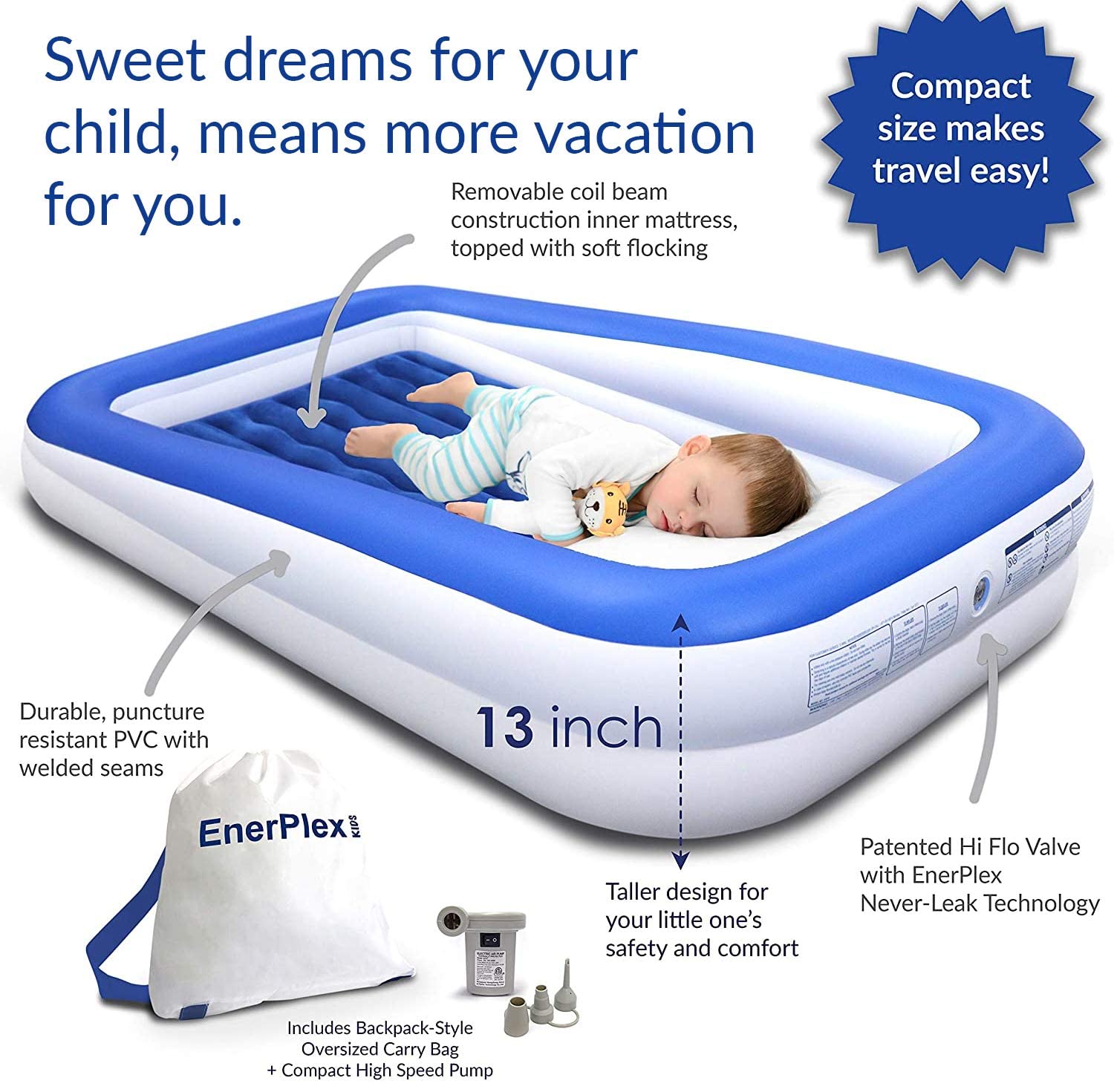 EnerPlex Inflatable Toddler Travel Bed – Portable Kids Air Mattress for Travel, Camping or Hotels w/ Built in Safety Bumpers & High Speed Pump, Puncture Resistant, Compact Size - Blue
