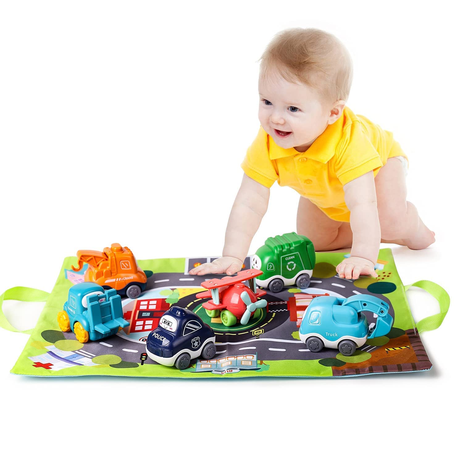 ALASOU 2021 Edition Baby Truck car Toy Sets and playmat/Storage Bag for Toddler | Baby Toys 12 - 18 Months | Toys for 1 2 3 Year Old boy| Birthday Gifts for Infant Toddlers(6 Sets)