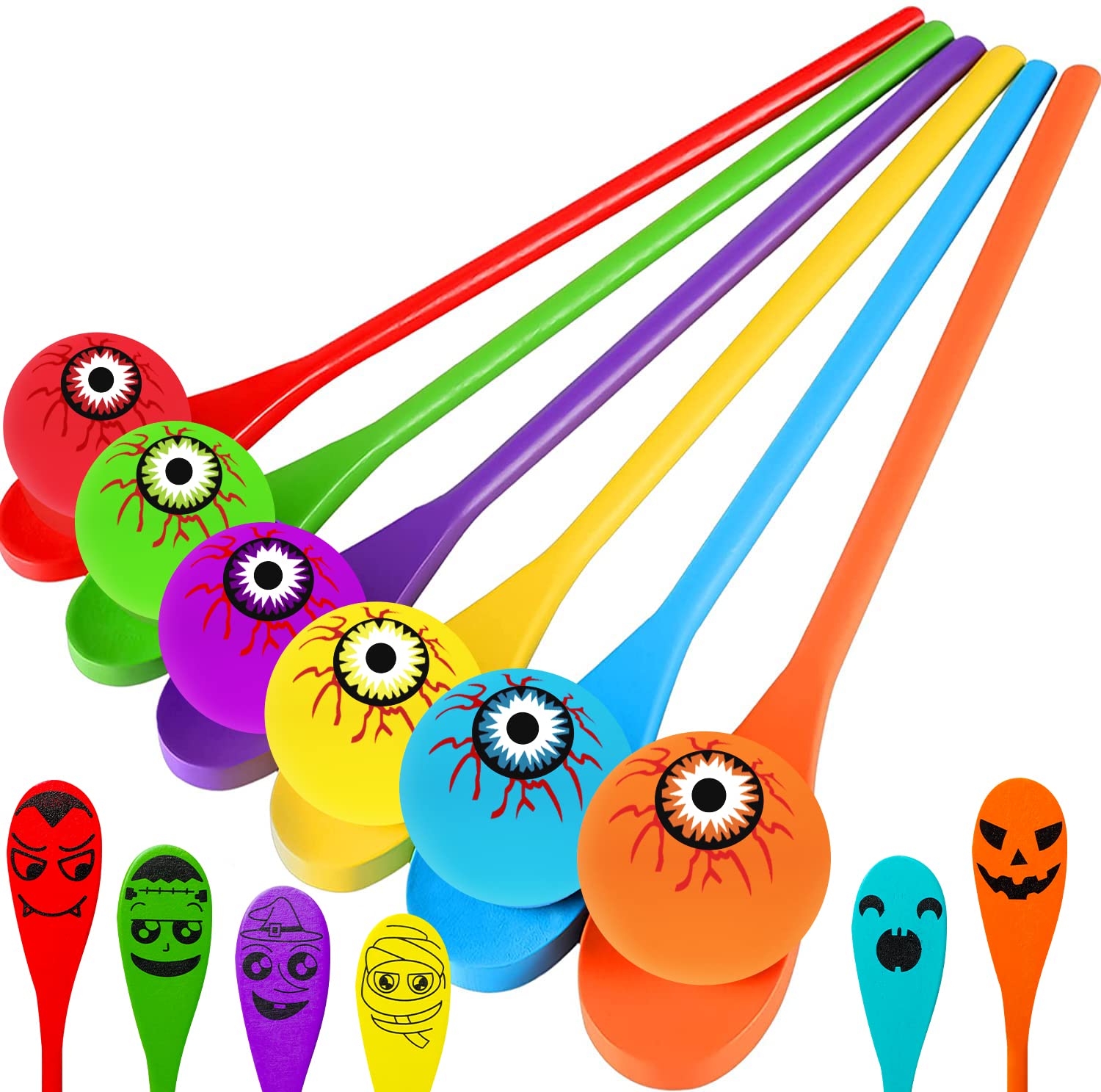Halloween Egg and Spoon Race Game Set - Halloween Party Favors- 6 Eyeballs and Spoons with Assorted Colors for Kids and Adults Halloween Indoor Outdoor Fun Games, Party Supplies, Classroom Activities