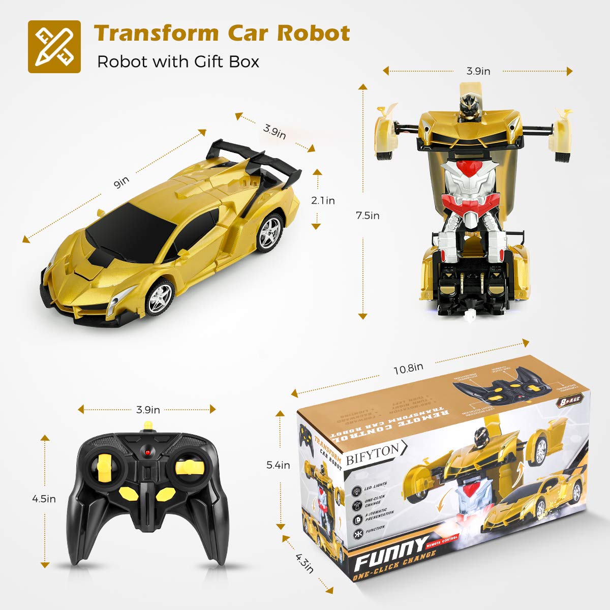 Remote Control Car Transforming Robot, BIFYTON Transform Car Robot with One Button Transformation and 360 Degree Rotating Drifting, RC Cars Robot Toys for Kids Boys and Girls