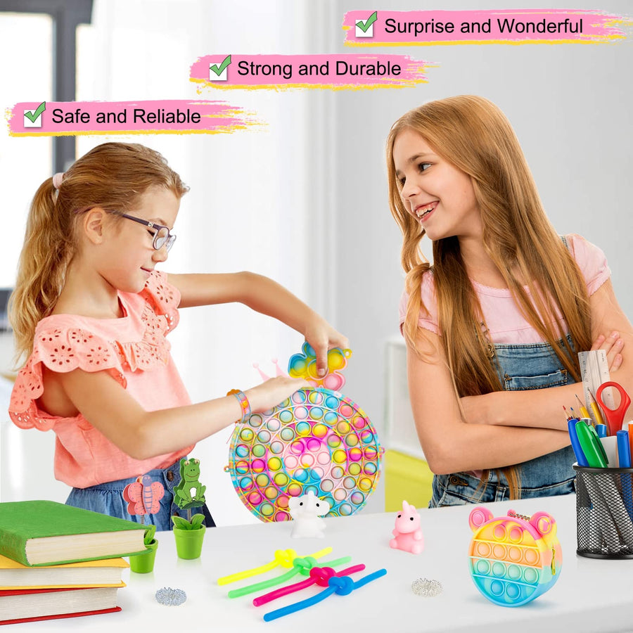 iTechjoy Pop Fidget It Toy Pack with Shoulder Bag Purse Wristband for Girl Woman, Push Its Bubble Rainbow Figetget Set, Figit Popper to Relieve Stress, Sensory Poppet Figetsss Package Game for Autism