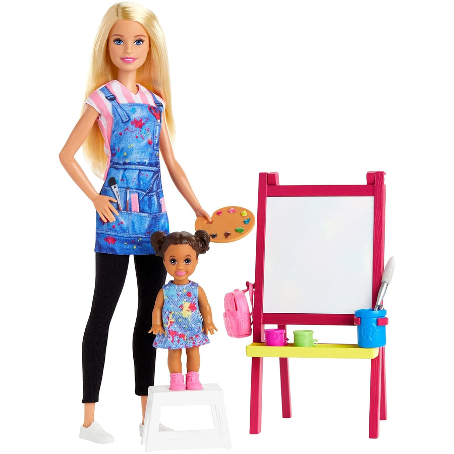 Barbie Art Teacher Playset with Blonde Doll, Toddler Doll, Easel with Color-Change Feature, Palette, Brush, Containers, Step Stool for Ages 3 and Up
