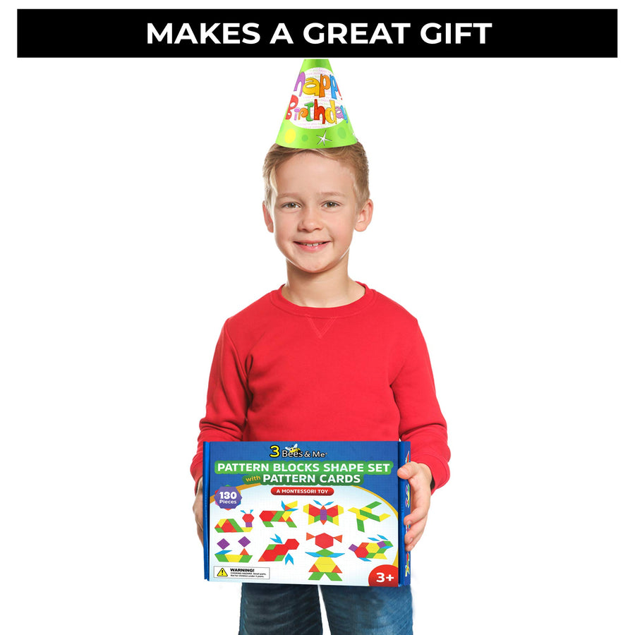 3 Bees & Me Wooden Pattern Blocks - Fun Montessori Learning Toys for Ages 3 to 9 - Tangram Shapes Set with 155 Pieces