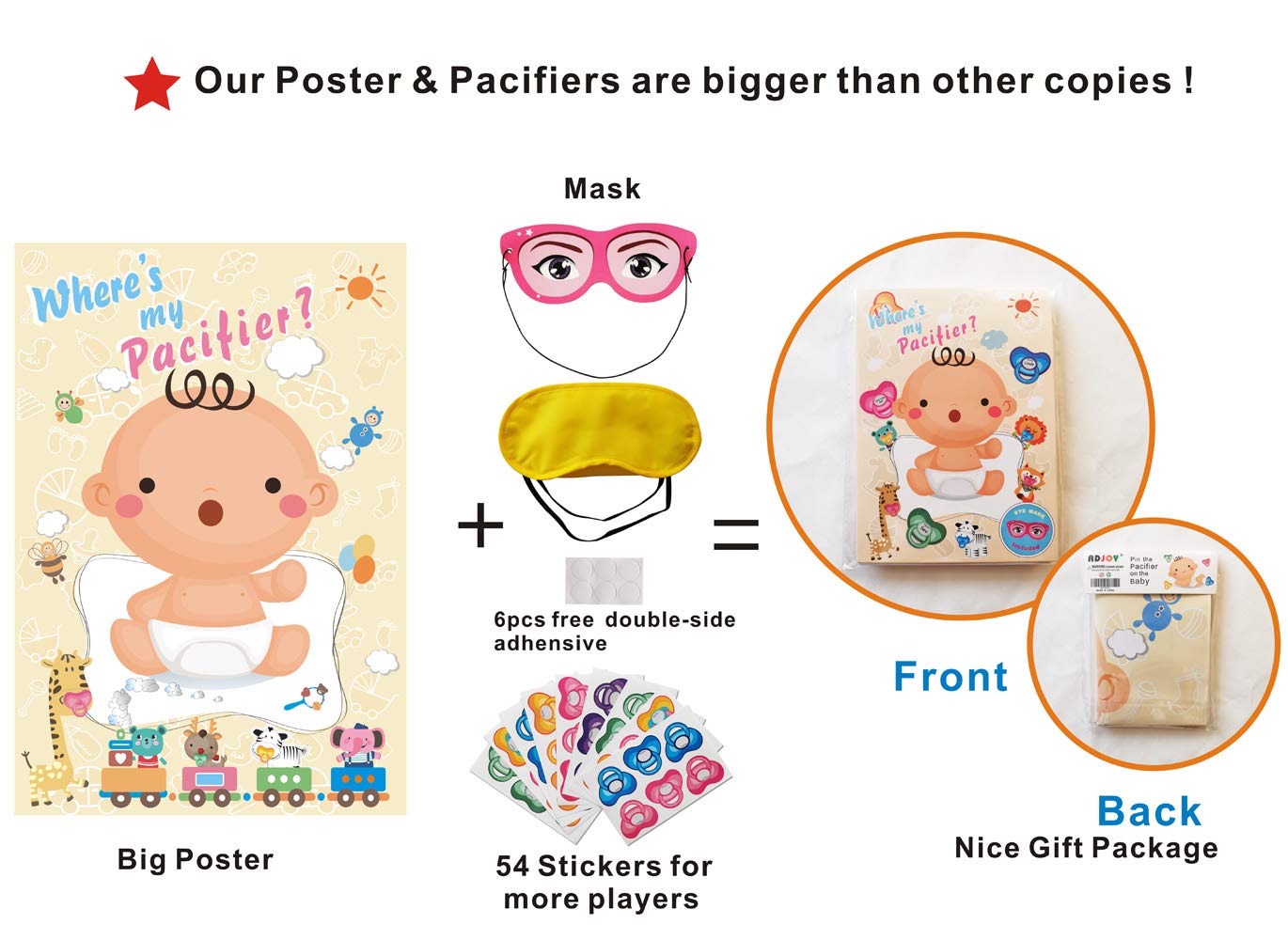 Pin the Pacifier on the Baby Game - Baby Shower Party Favors and Game - Pin the Dummy on the Baby Game