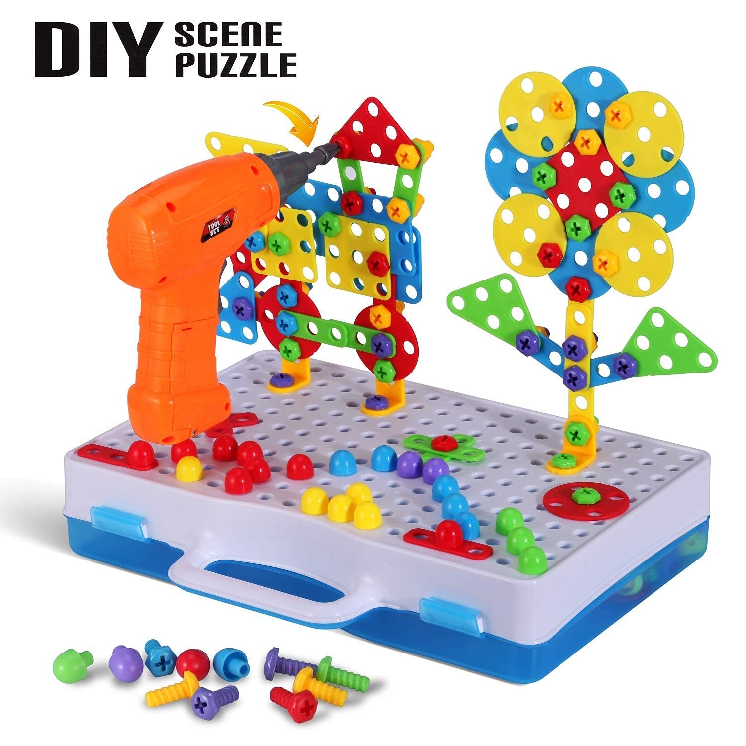 224 Piece STEM Building Toys for Kids 4 5 6 7 8 Year Old, Trendy Bits Drill Puzzle with Screwdriver Tool Set, Mosaic Drill Set for Boys and Girls Ages 4-8