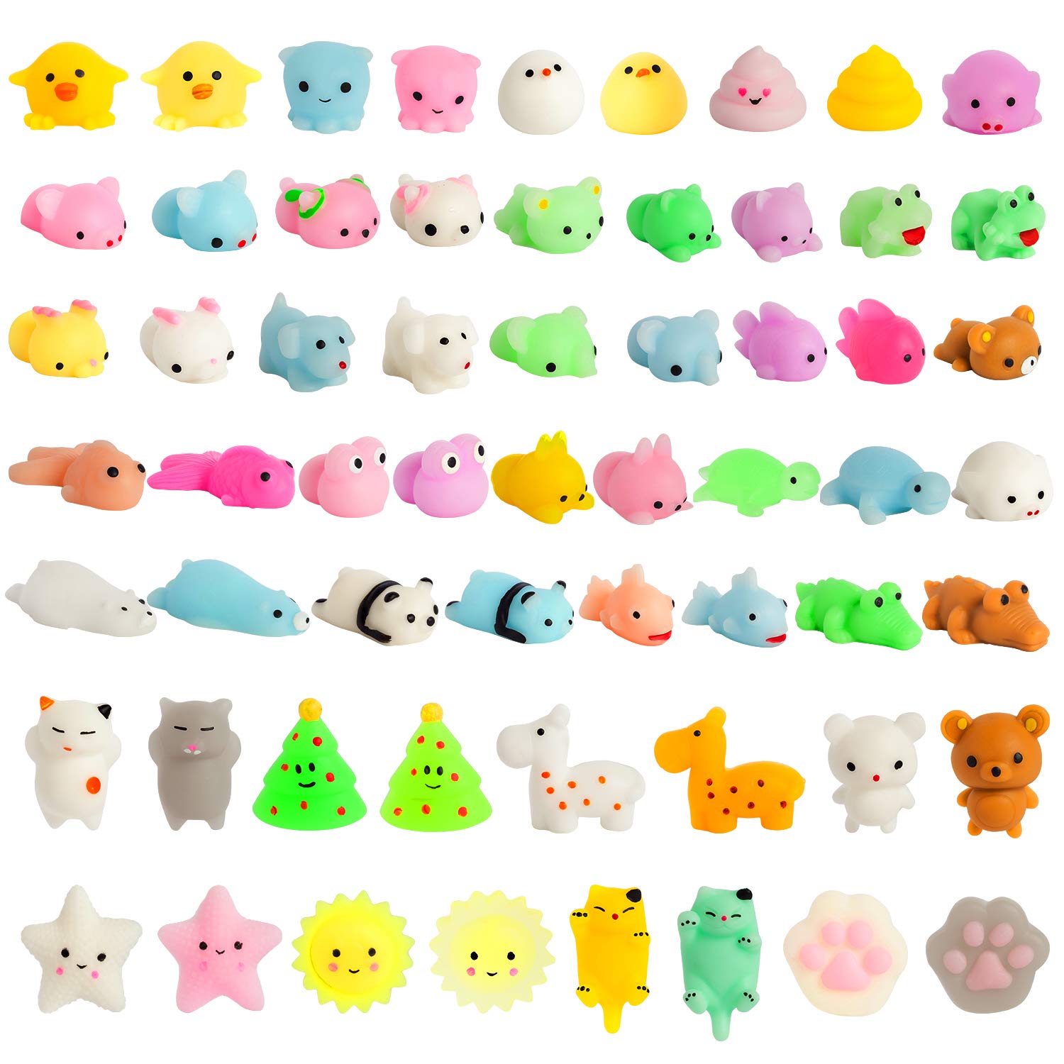 Kizcity 60 Pcs Mochi Squishies, Kawaii Squishy Toys for Halloween Christmas Party Favors, Animal Squishies Stress Relief Toys for Boys & Girls Birthday Gifts, Classroom Prize, Goodie Bag