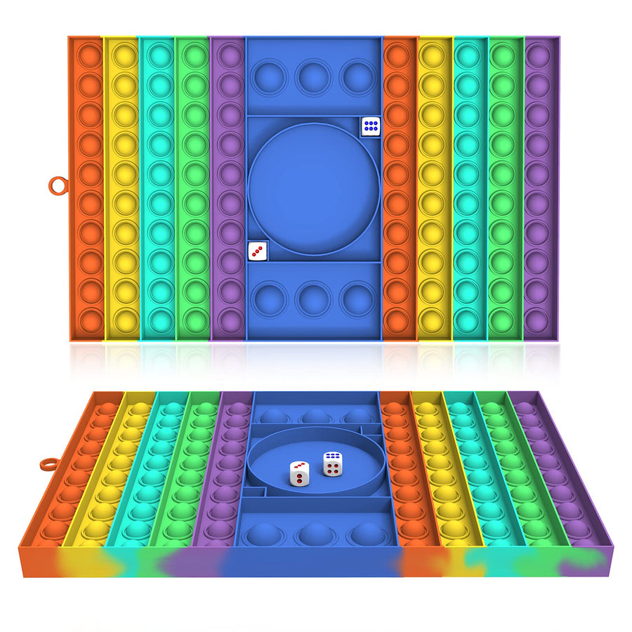JHZWD Pop Game with Dice Fidget Toy, Dual Pop Bubbles Game Board, Push Bubble Pop Fidget Sensory Toys for 2 Player, 106 Bubble Popper Toy Interactive Figetget Toys for Kids Adults (Rainbow Rectangle)