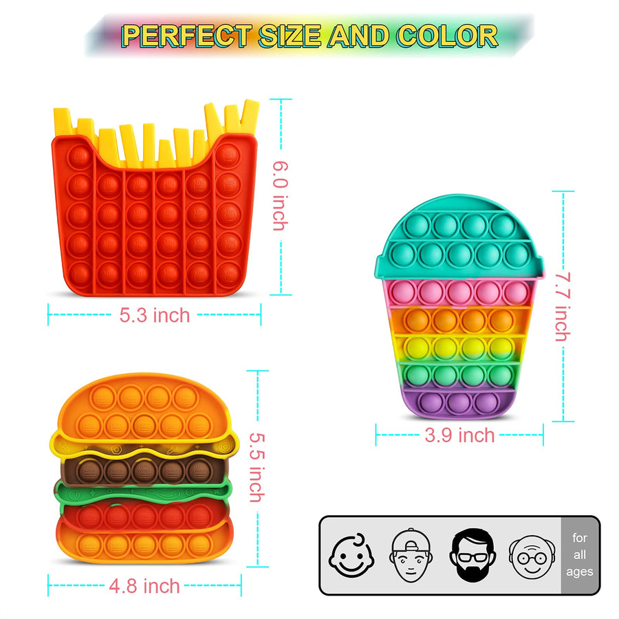 Aemotoy 3PCS Push Bubble Fidget Sensory Toys for Kids Adults Silicone Pop Rainbow Hamburger Squeeze Toy Stress Anxiety Relief Toys Novelty Gift for Autism ADD ADHD,Colorful Hamburger+Fries+Cup