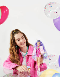 Barbie Extra Doll #6 in Pink Teddy Bear Print Denim Jacket & Matching Shorts with Pet Puppy, Long Periwinkle Hair, Layered Outfit & Accessories, Multiple Flexible Joints

