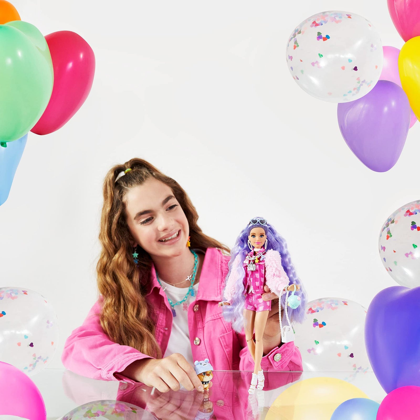 Barbie Extra Doll #6 in Pink Teddy Bear Print Denim Jacket & Matching Shorts with Pet Puppy, Long Periwinkle Hair, Layered Outfit & Accessories, Multiple Flexible Joints