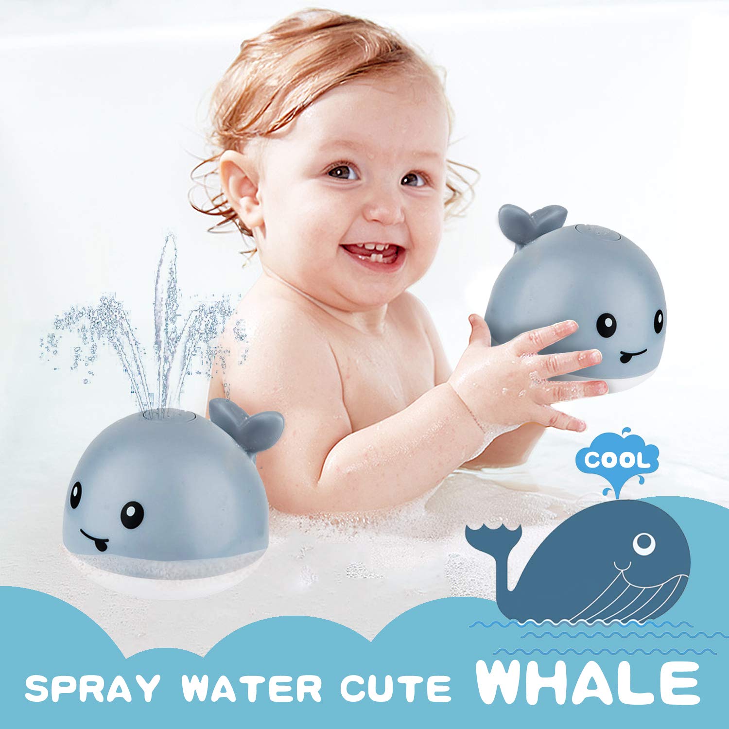 ZHENDUO Baby Bath Toys, Whale Automatic Spray Water Bath Toy with LED Light, Induction Sprinkler Bathtub Shower Toys for Toddlers Kids Boys Girls, Pool Bathroom Toy for Baby (Gray)