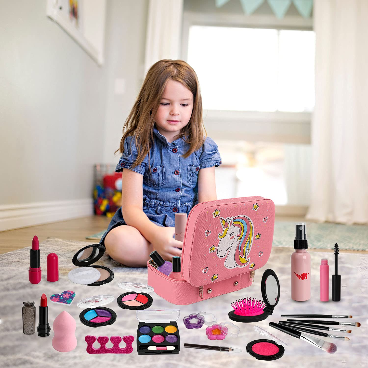 Flybay Kids Makeup Kit for Girls, Real Makeup Set, Washable Makeup Kit Toys for Little Girls Child Pretend Play Makeup for 4 5 6 7 Years Old Birthday Gifts Toys.