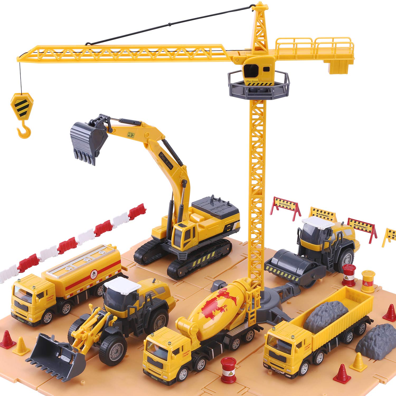 iPlay, iLearn Construction Site Vehicles Toy Set, Kids Engineering Playset, Tractor, Digger, Crane, Dump Trucks, Excavator, Cement, Steamroller, Birthday Gift for 3 4 5 Year Old Toddlers Boys Children