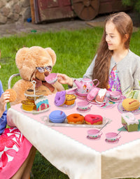 PRE-WORLD Tea Party Set for Little Girls, Princess Tea Time Toy Including Dessert,Cookies,Doughnut,Teapot Tray Cake, Tablecloth & Carrying Case,Kids Kitchen Pretend Play for Girls Boys Age 3-6
