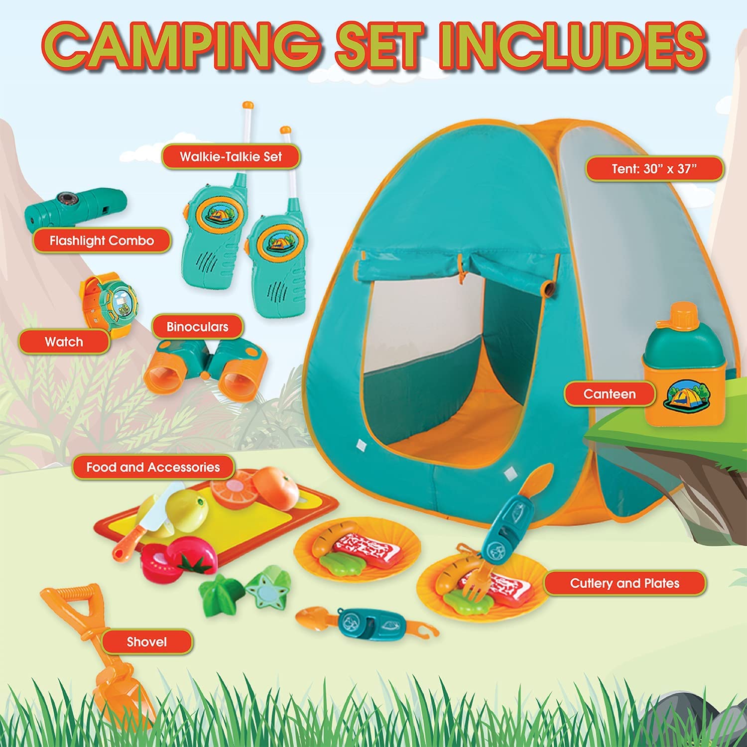 ToyVelt Kids Camping Tent Set -Includes Tent, Telescope, 2 Walkie Talkies, and Full Camping Gear Set Indoor and Outdoor Toy - Best Present for 3 4 5 6 Year Old Boys and Girls and Up. Updated Version