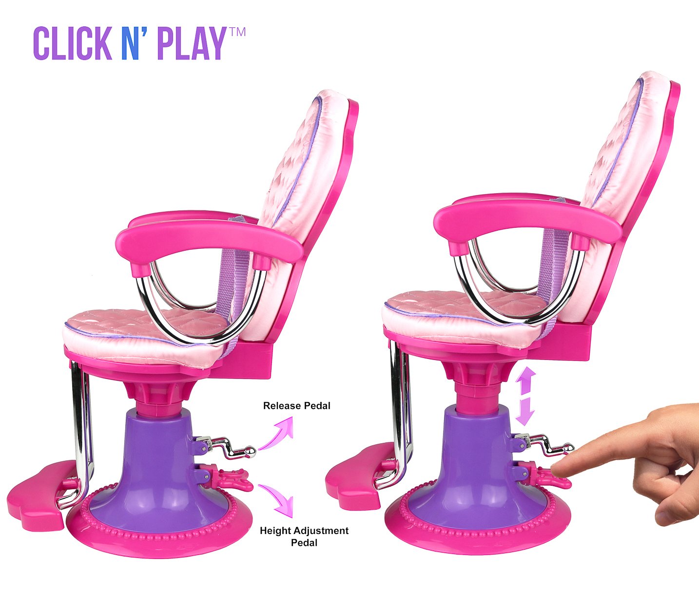 Pretend Play Hair Salon Toy for Girls, Click N' Play Doll Salon Chair with 8 Doll Hair Accessories, Includes Chair, Hair Brush, 2 Hair Clips, 2 Curlers, Dryer and Straightening Iron, Girl Gift Ages 3+