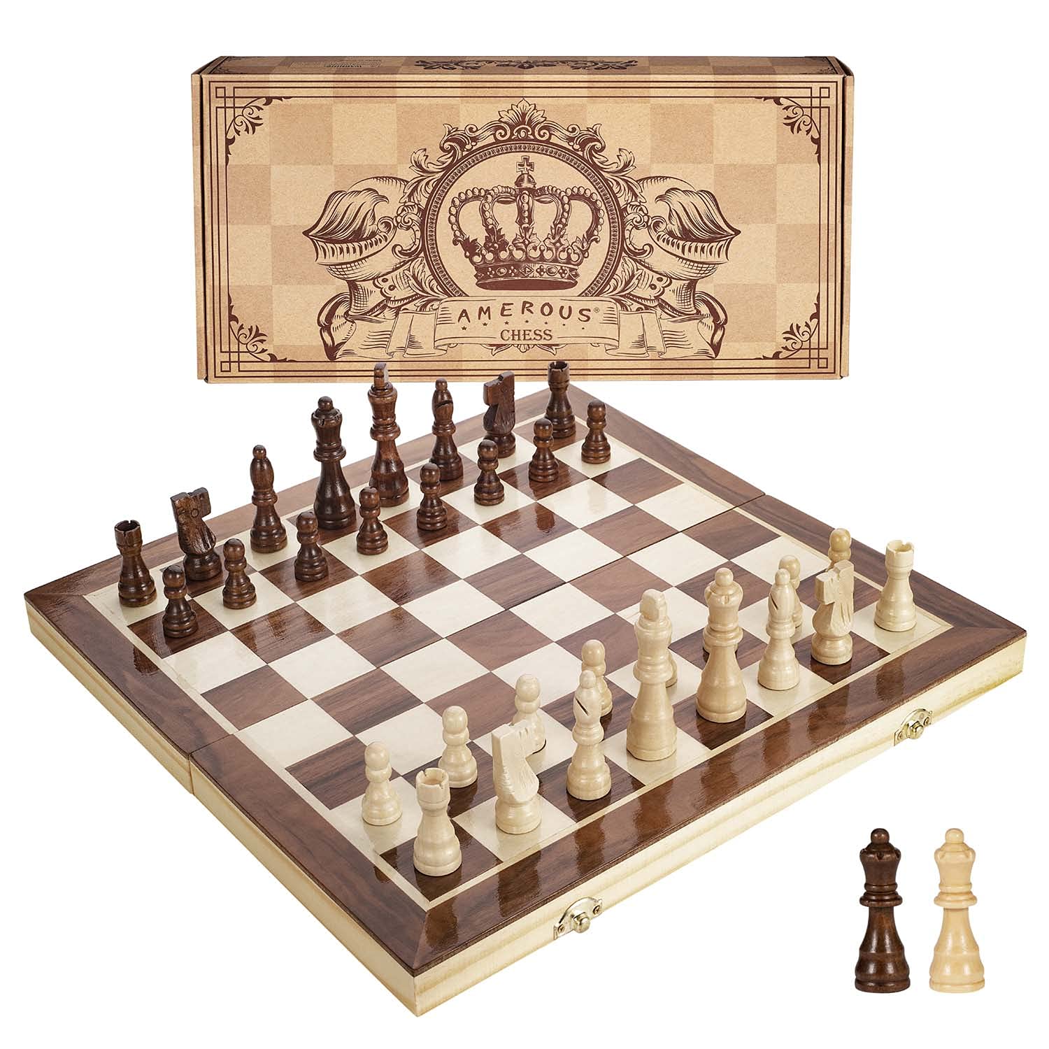 Amerous 15 Inches Magnetic Wooden Chess Set - 2 Extra Queens - Folding Board, Handmade Portable Travel Chess Board Game Sets with Game Pieces Storage Slots - Beginner Chess Set for Kids and Adults