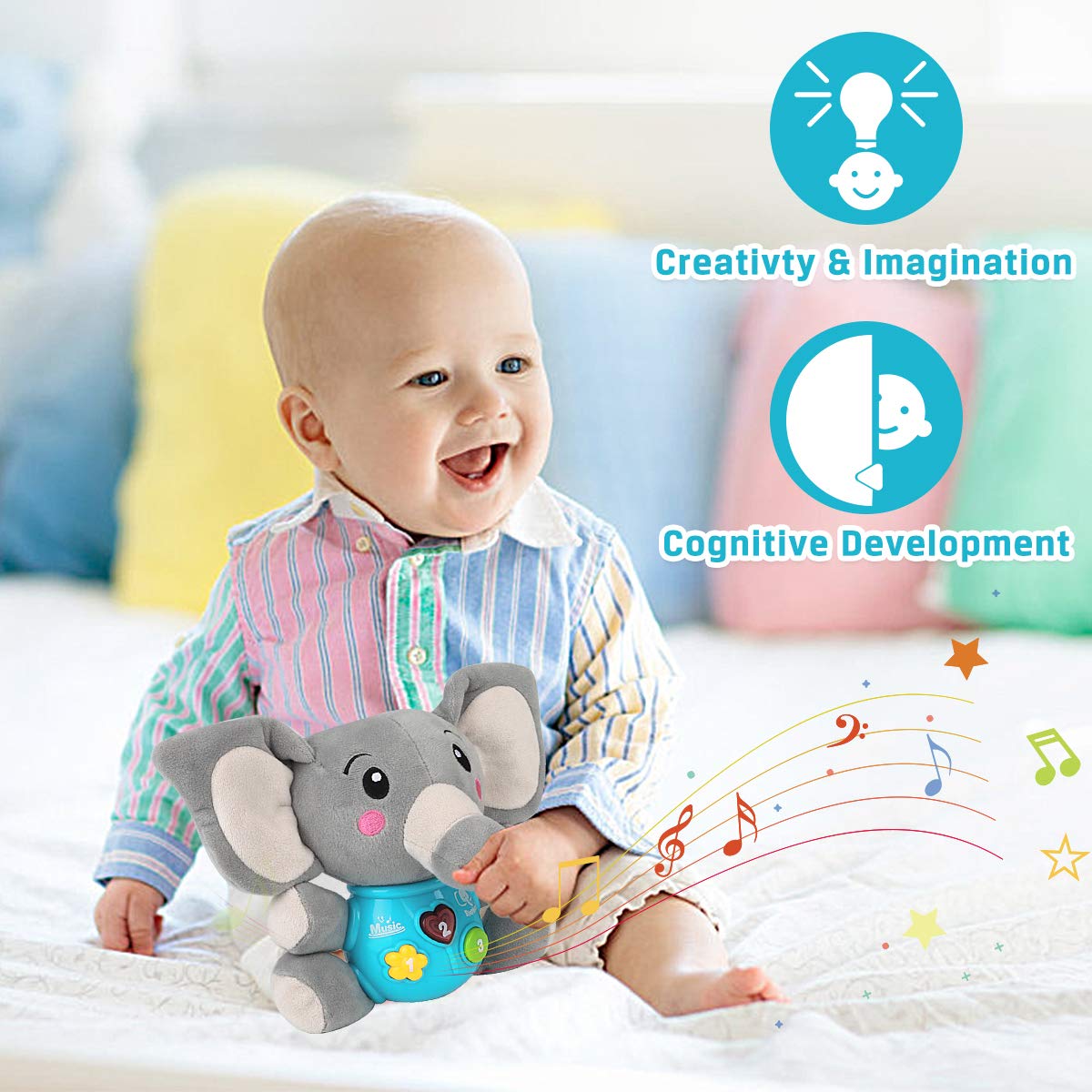 Aitbay Plush Elephant Music Baby Toys 0 3 6 9 12 Months, Cute Stuffed Aminal Light Up Baby Toys Newborn Baby Musical Toys for Infant Babies Boys & Girls Toddlers 0 to 36 Months