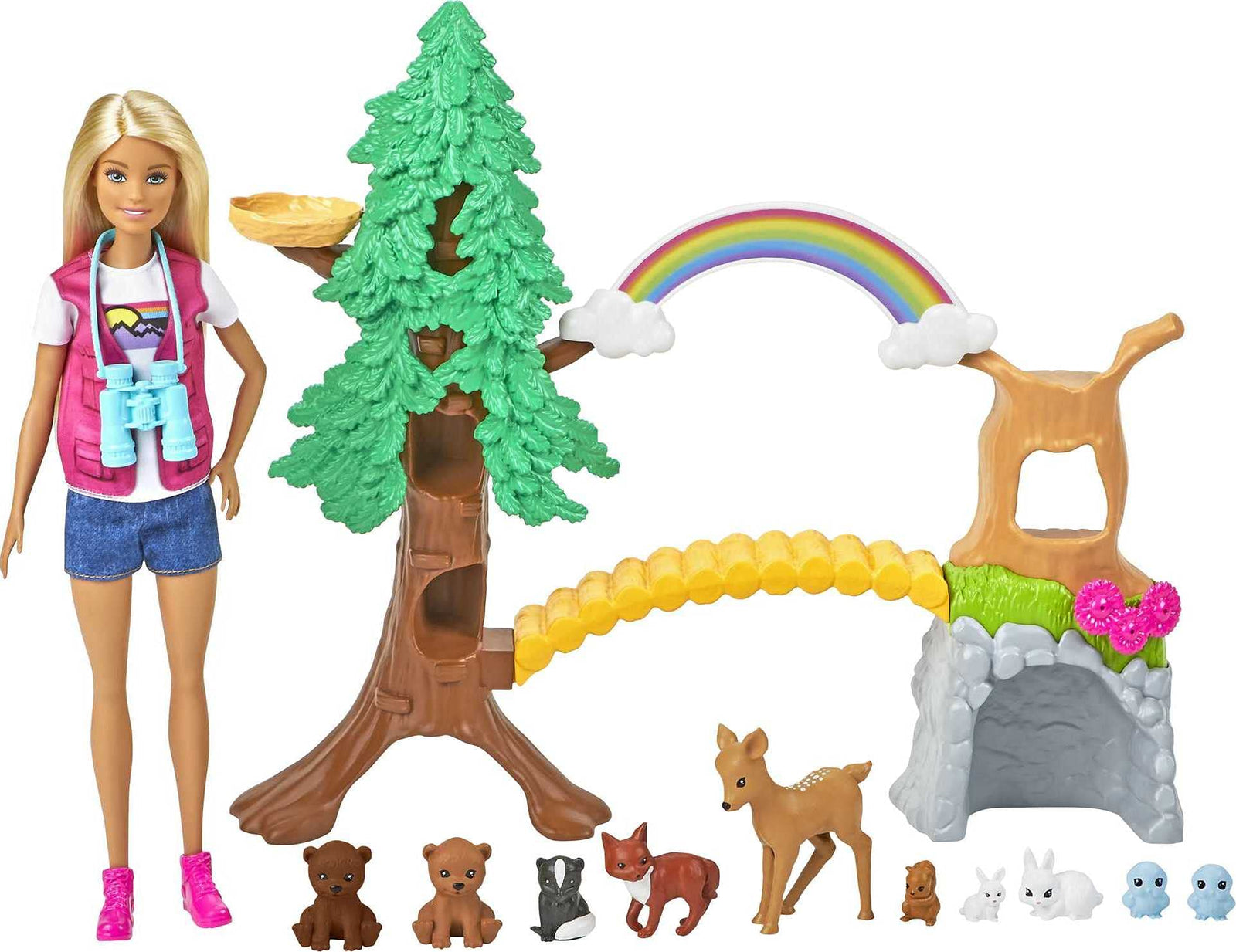 Barbie Wilderness Guide Interactive Playset with Blonde Doll (12-in), Outdoor Tree, Bridge, Overhead Rainbow, 10 Animals & More, Great Gift for Ages 3 Years Old & Up