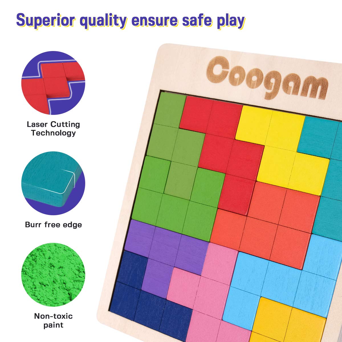 Coogam Wooden Puzzle Pattern Blocks Brain Teasers Game with 60 Challenges, 3D Russian Building Toy Wood Tangram Shape Jigsaw Puzzles Montessori STEM Educational Toys Gift for Kids Adults