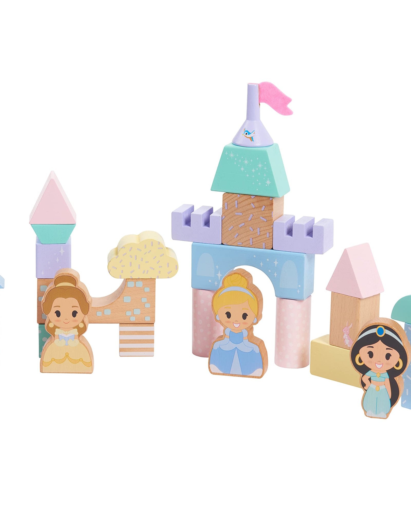 Disney Wooden Toys Princess Castle Block Set, 25-Pieces Include Cinderella, Belle, and Jasmine Block Figures, Amazon Exclusive, by Just Play