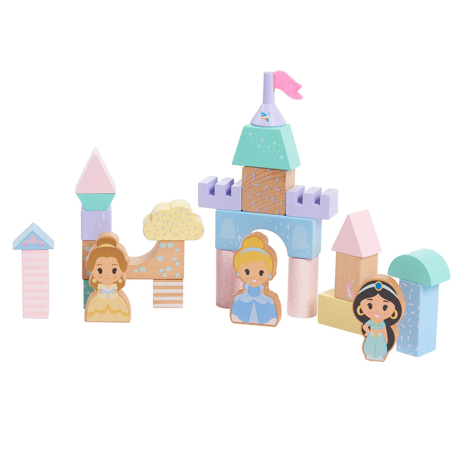 Disney Wooden Toys Princess Castle Block Set, 25-Pieces Include Cinderella, Belle, and Jasmine Block Figures, Amazon Exclusive, by Just Play