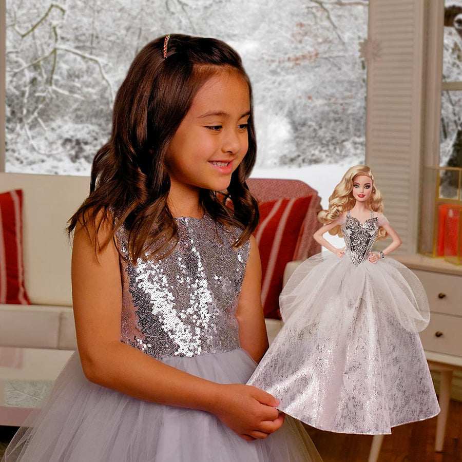 Barbie Signature 2021 Holiday Doll (12-inch, Blonde Wavy Hair) in Silver Gown, with Doll Stand and Certificate of Authenticity, Gift for 6 Year Olds and Up