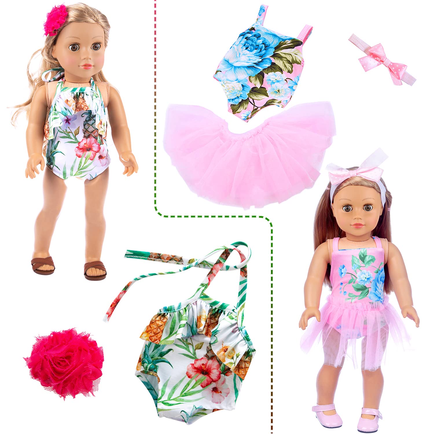 ZITA ELEMENT 24 Pcs American 18 Inch Girl Doll Clothes Dress and Accessories - Including 10 Complete Set of Clothing Outfits with Hair Bands, Hair Clips, Crown and Cap