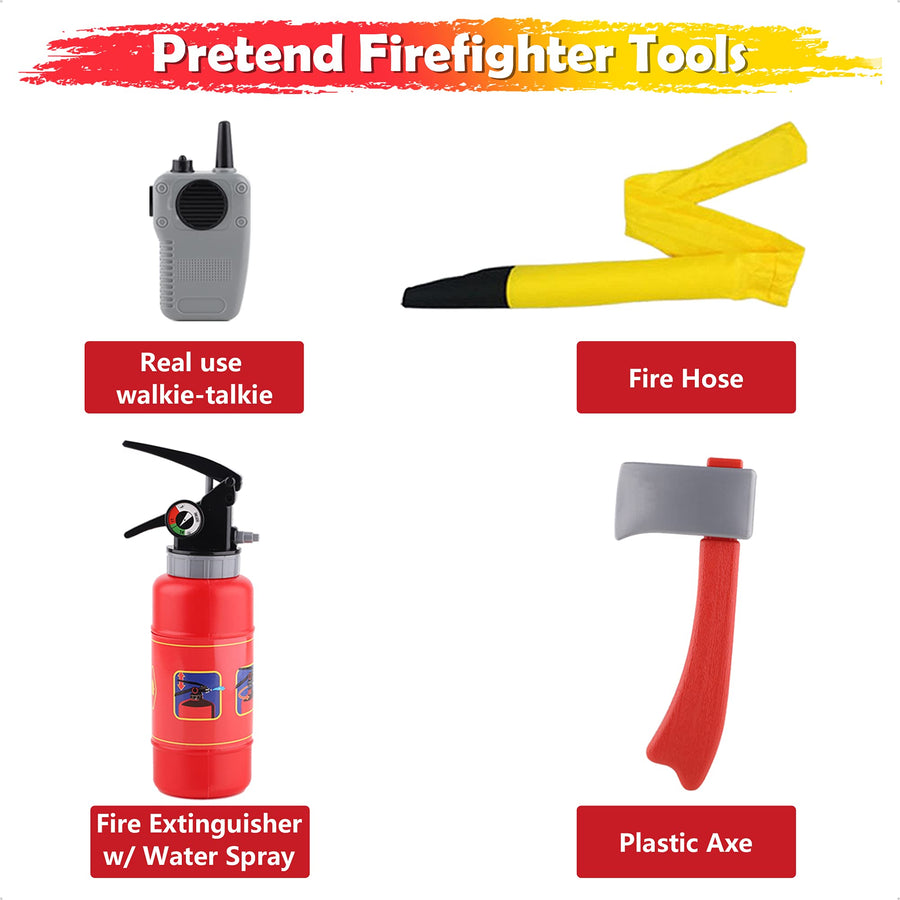 iPlay, iLearn Kids Firefighter Costume, Toddler Fireman Dress up, Fire Pretend Chief Outfit, Halloween Role Play Career Suit W/ Walkie Talkie Hose, Party Birthday Gift for 3 4 5 6 7 Year Old Boy Girl