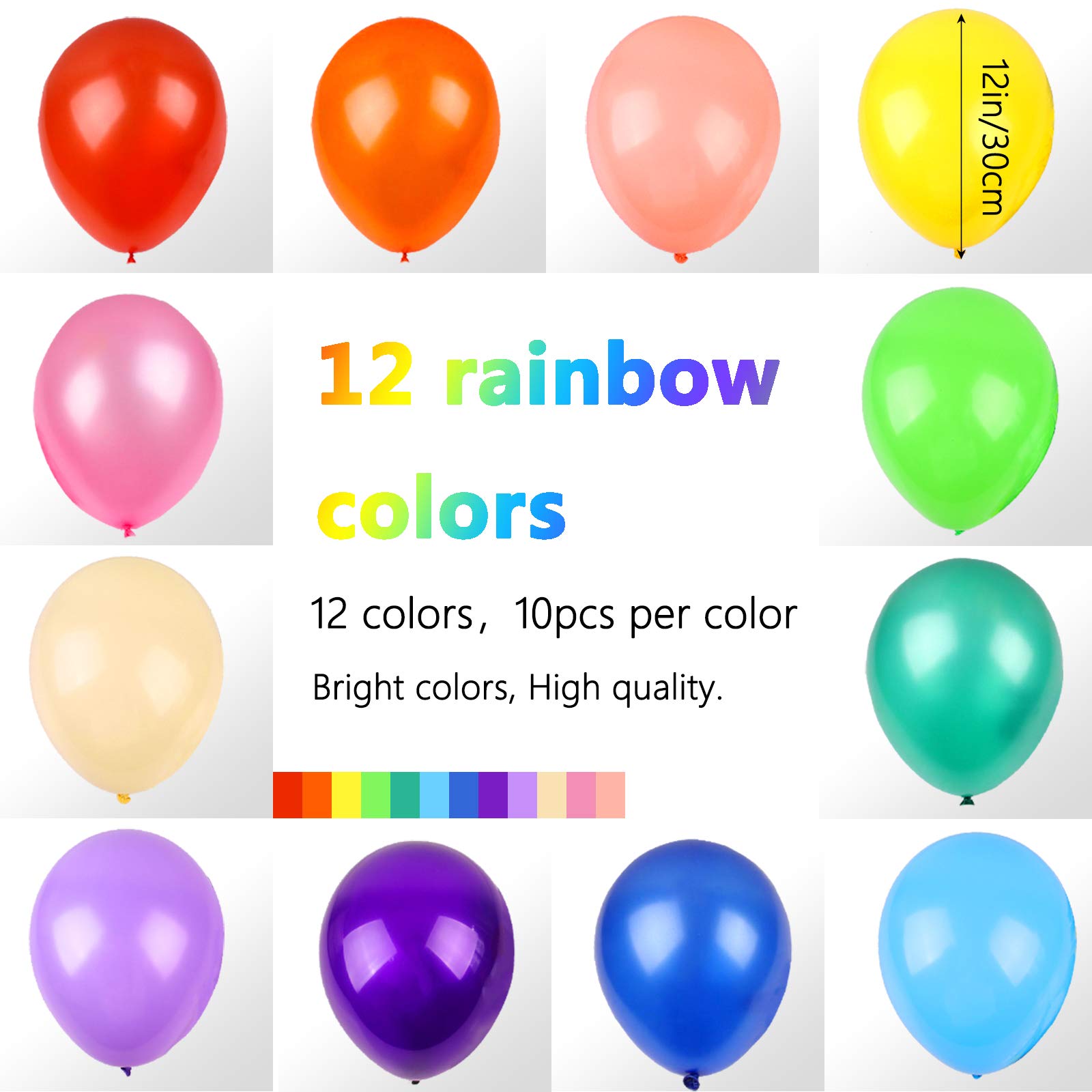 RUBFAC 120 Balloons Assorted Color 12 Inches 12 Kinds of Rainbow Latex Balloons, Multicolor Bright Balloons for Party Decoration, Birthday Party Supplies or Arch Decoration