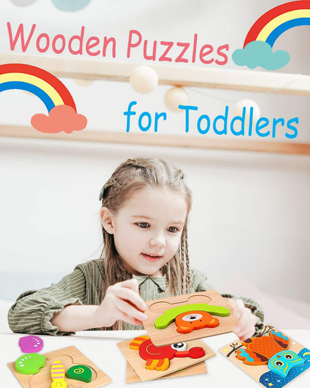 Wooden Puzzles for Toddlers 1-3 Toys Gifts for 1 2 3 Year Old Boys Girls, 6 Pack Animal Jigsaw Toddler Puzzles, Learning Educational Preschool Toys