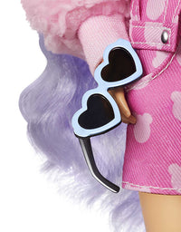 Barbie Extra Doll #6 in Pink Teddy Bear Print Denim Jacket & Matching Shorts with Pet Puppy, Long Periwinkle Hair, Layered Outfit & Accessories, Multiple Flexible Joints
