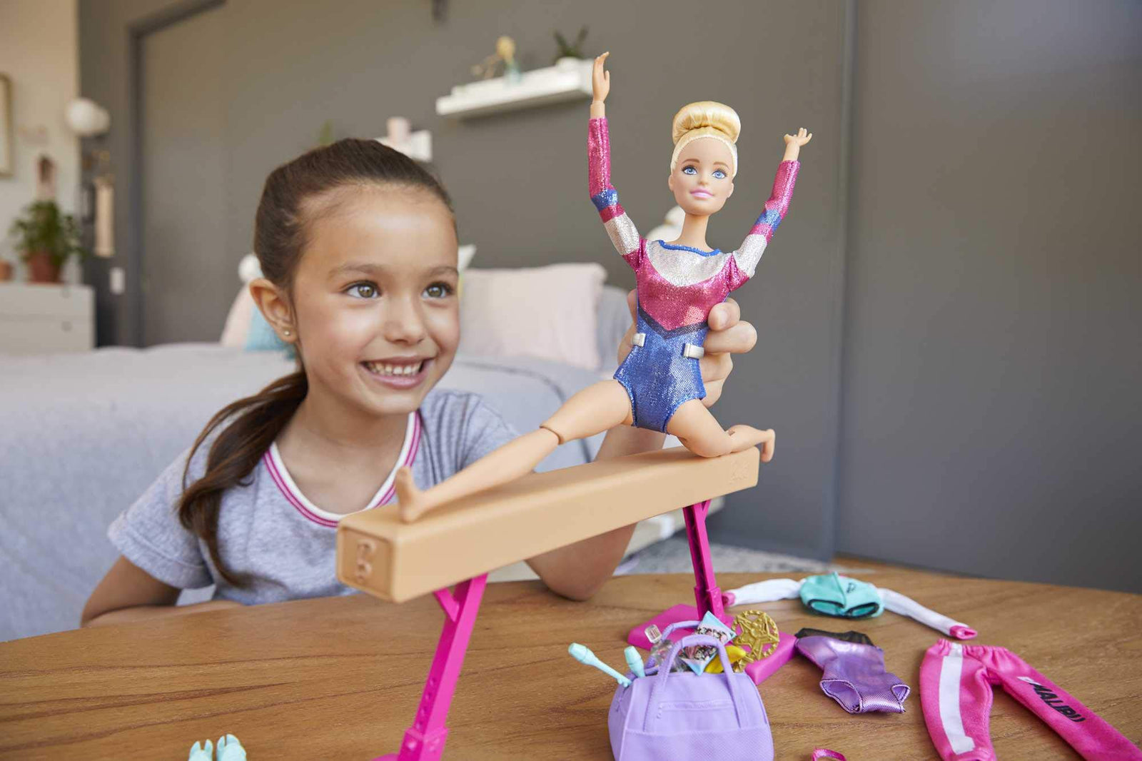 Barbie Gymnastics Playset: Barbie Doll with Twirling Feature, Balance Beam, 15+ Accessories for Ages 3 and Up