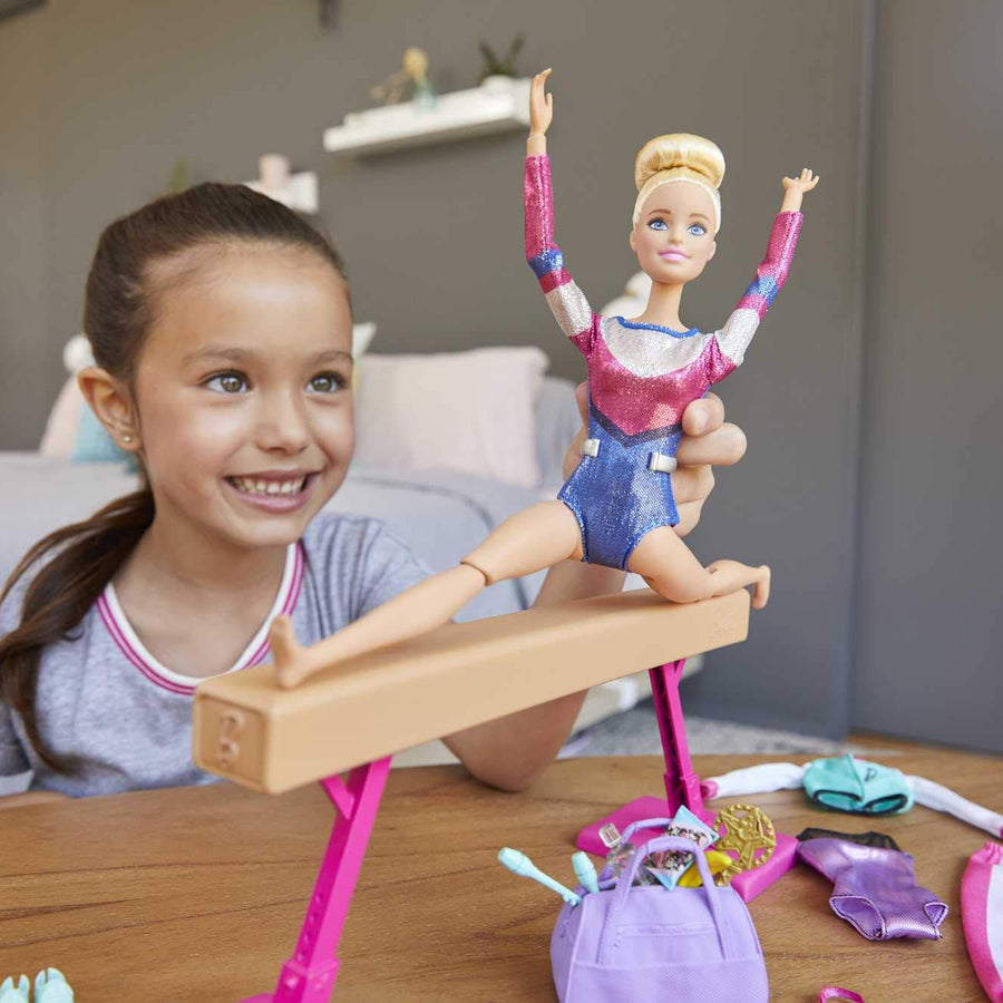 Barbie Gymnastics Playset: Barbie Doll with Twirling Feature, Balance Beam, 15+ Accessories for Ages 3 and Up