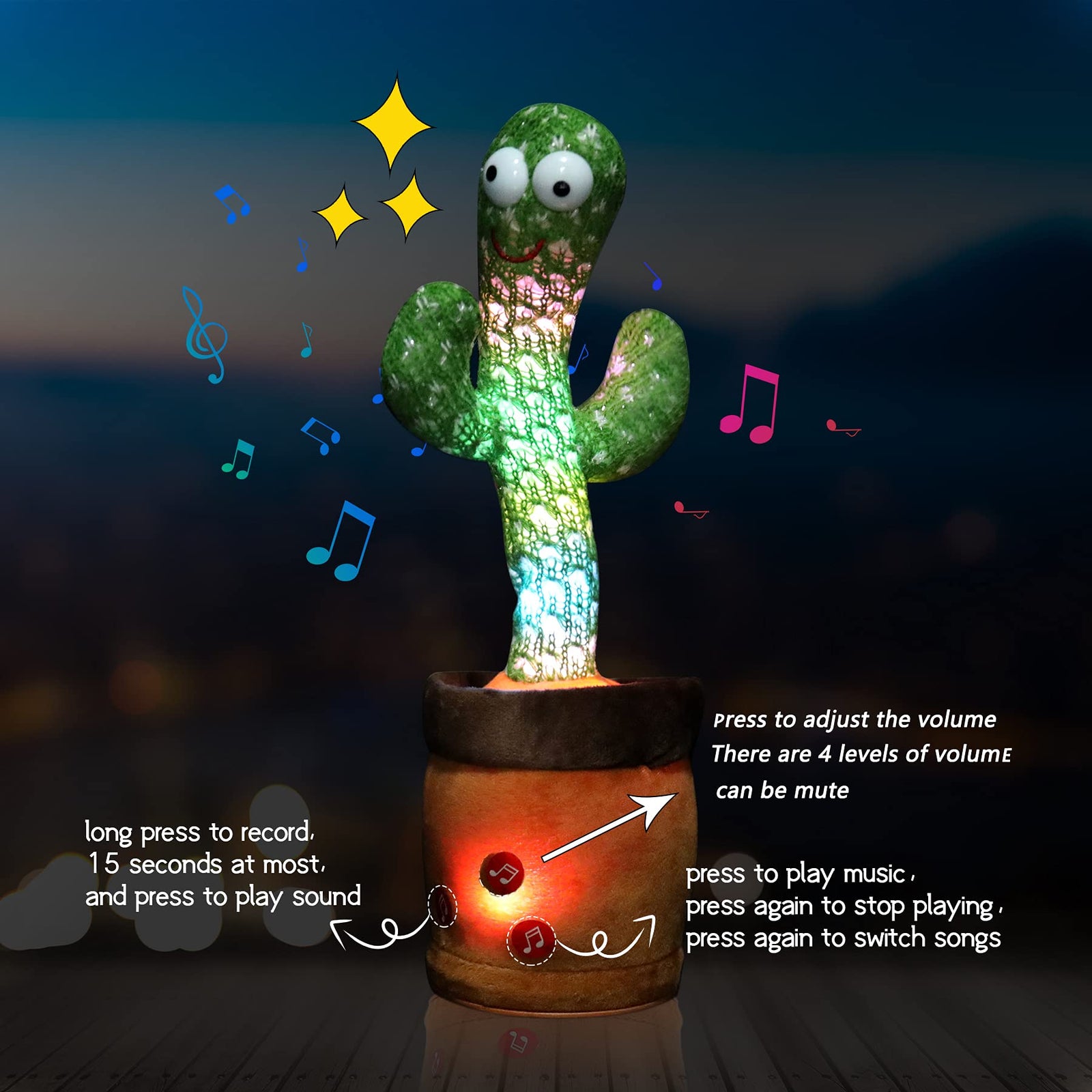 MIAODAM Volume Adjustable Dancing Cactus, Colorful Glowing Talking Cactus Toy, Repeating What You Say Cactus Toys Singing 120 Songs Cactus Plush Eletronic Baby Toys Funny Creative Kids Toy