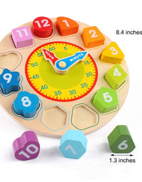 Garlictoys Wooden Shape Color Clock Puzzle-Teaching Time Sorting Number Blocks, Stacking Sorter Jigsaw Montessori Early Learning Montessori Educational Toy Gift for3+ Year Old Toddler Baby Kids
