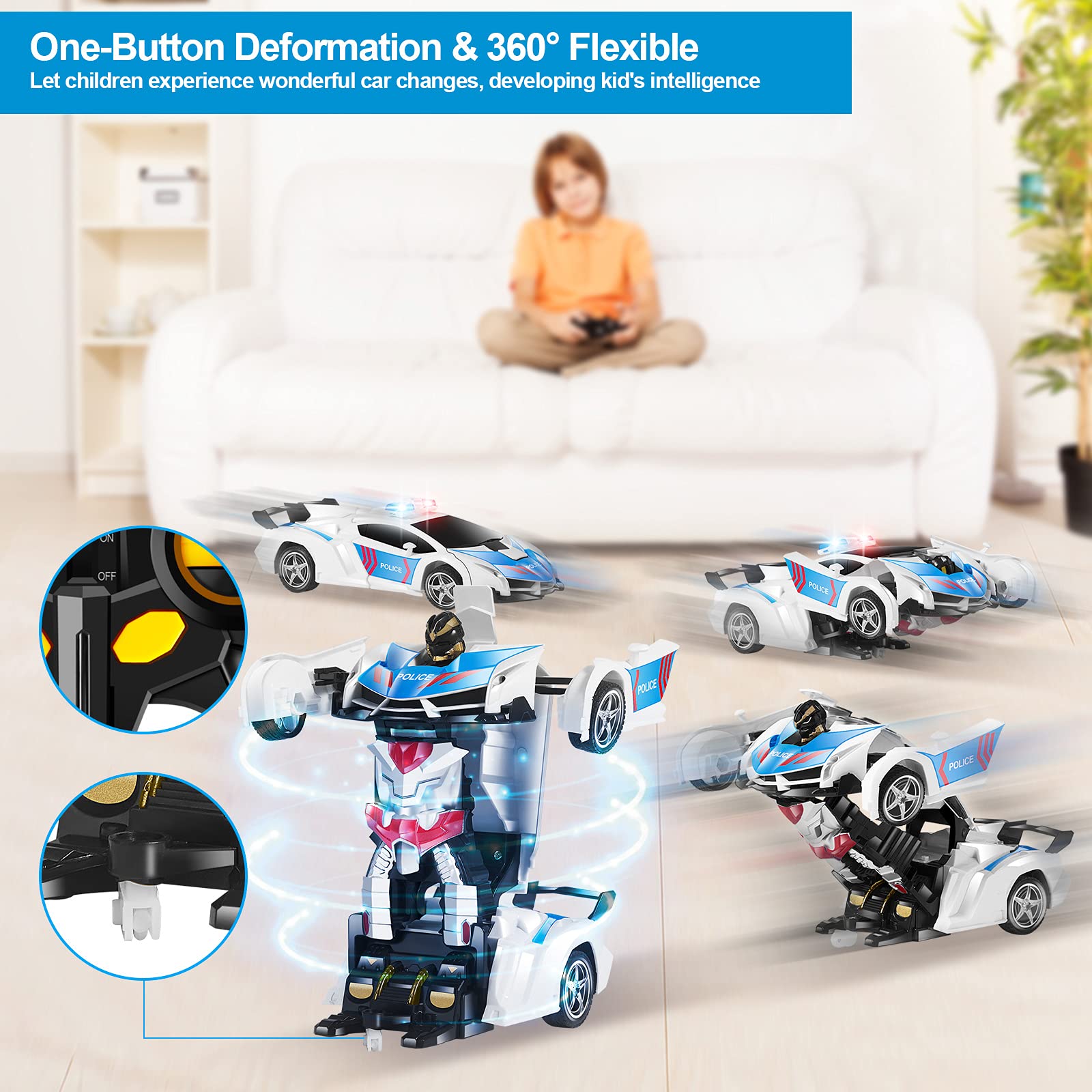 CEGOUFUN 1:18 Scale Transform RC Car Robot for Kids, Remote Control Car with One Button Deformation, 2.4Ghz Remote Control Police Toy Car with 360 Degree Drifting, Great Toys Gift for Boys Girls