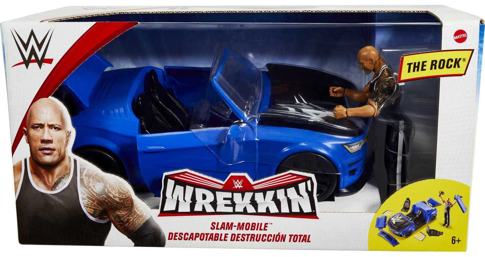 WWE Wrekkin’ Slam-Mobile Vehicle (13-in / 33.02-cm) with Rolling Wheels and 8 Breakable Parts & 6-in / 15.24-cm The Rock Basic Action Figure, Gift for Ages 6 Years Old & Up [Amazon Exclusive]