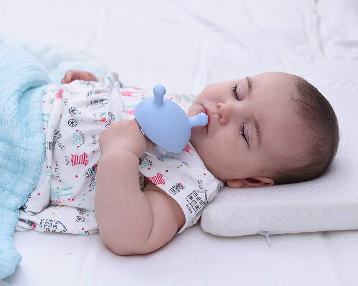 Mombella Mimi Mushroom Pacifier Shape Skin-Like Infant Soothing Teether Toy for 0-6 Months Sucking Needs Babies, Help with Breast Feeding weaning and Prevent Digit Sucking.Light Blue