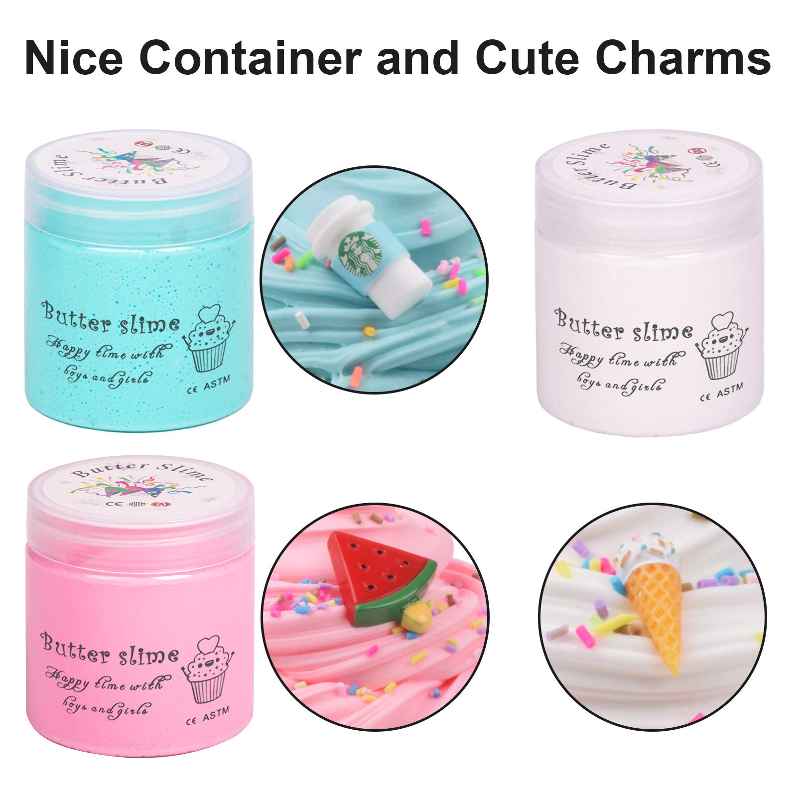 Slime Kit with 3 Pack Butter Slime,Pink Watermelon,White Ice Cream and Ocean Coffee,Scented Slime Kit for Girls and Boys ,Super Soft and Non Sticky DIY Surprise Slime