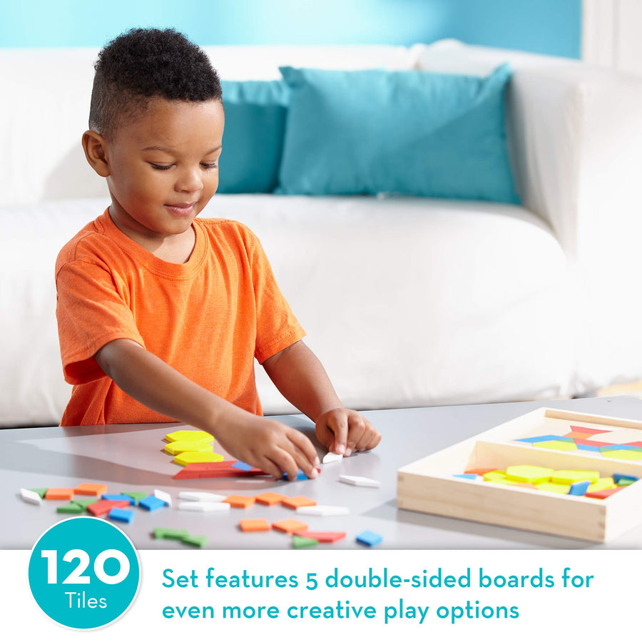 Melissa & Doug Pattern Blocks and Boards - Classic Toy With 120 Solid Wood Shapes and 5 Double-Sided Panels