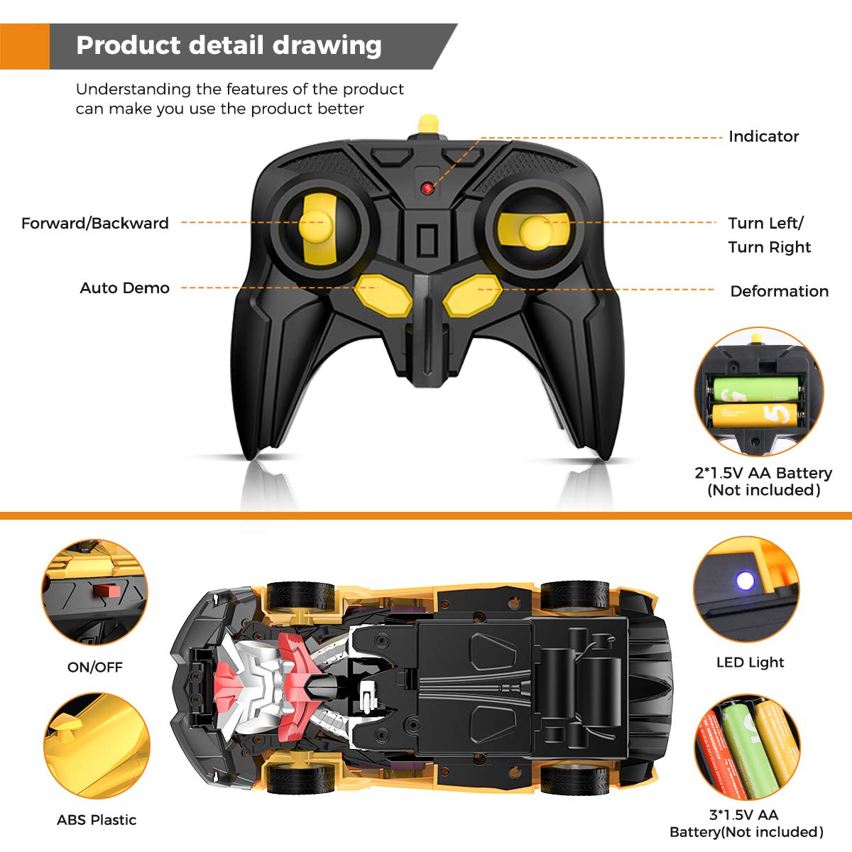 Desuccus Remote Control Car, Transform Robot RC Cars for Kids Toys, 2.4Ghz 1:18 Scale Racing Car with One-Button Deformation, 360°Drifting, Transforming Robot Car Toy for Boys Girls