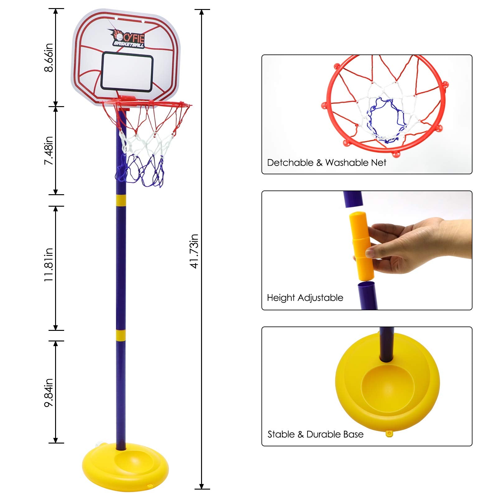 Cyfie Indoor Basketball Hoop for Toddlers Kids, 2.26ft - 3.48ft Stand Adjustable Height Basketball Game Toys with Ball and Pump for Outdoor Outside Sports