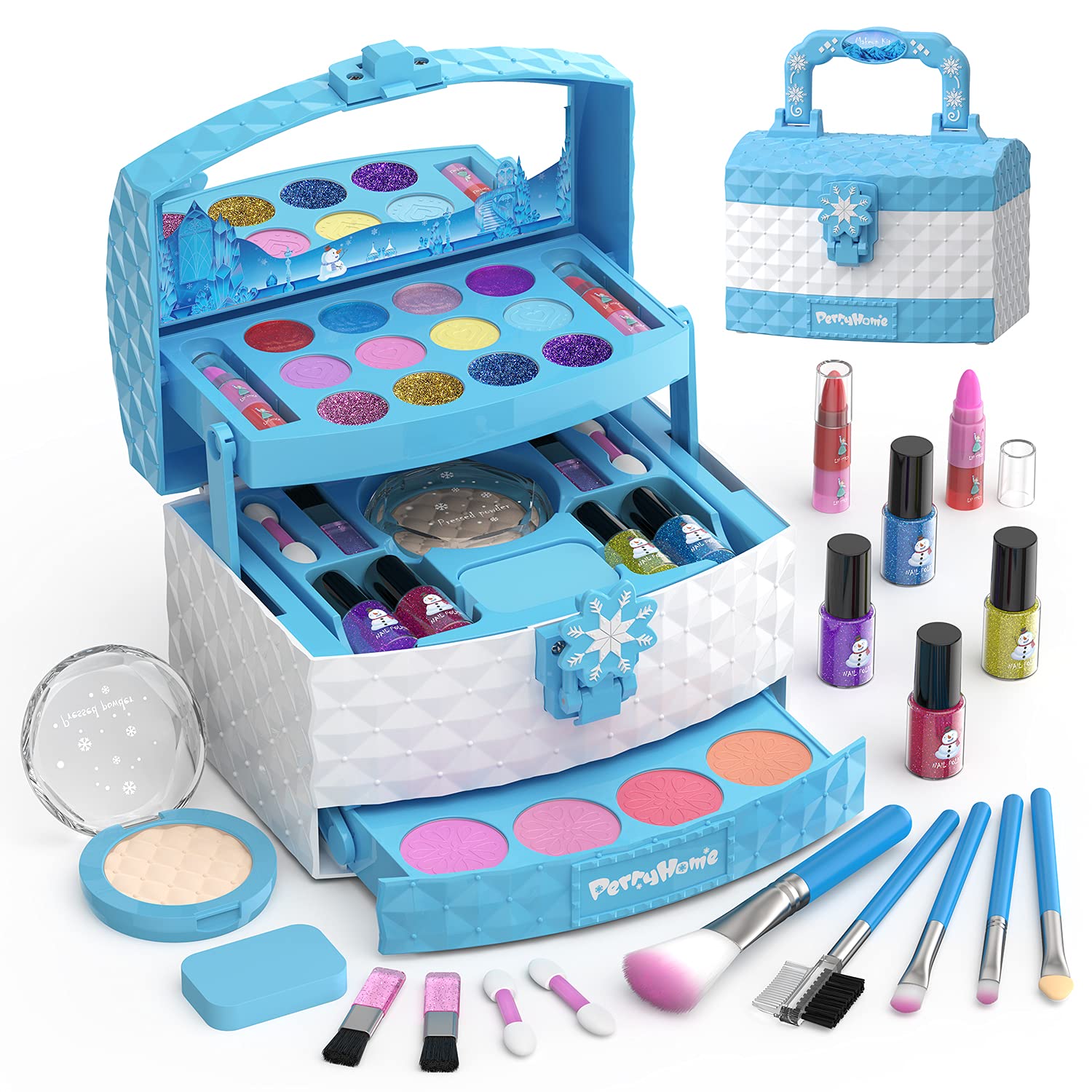 PERRYHOME Kids Makeup Kit for Girl 35 Pcs Pretend Play Makeup Set, Washable Makeup Kit Real Cosmetic Toy Beauty Set with Box, Safe & Non-Toxic Frozen Makeup Set for 5-12 Years Old Kids Birthday Gift