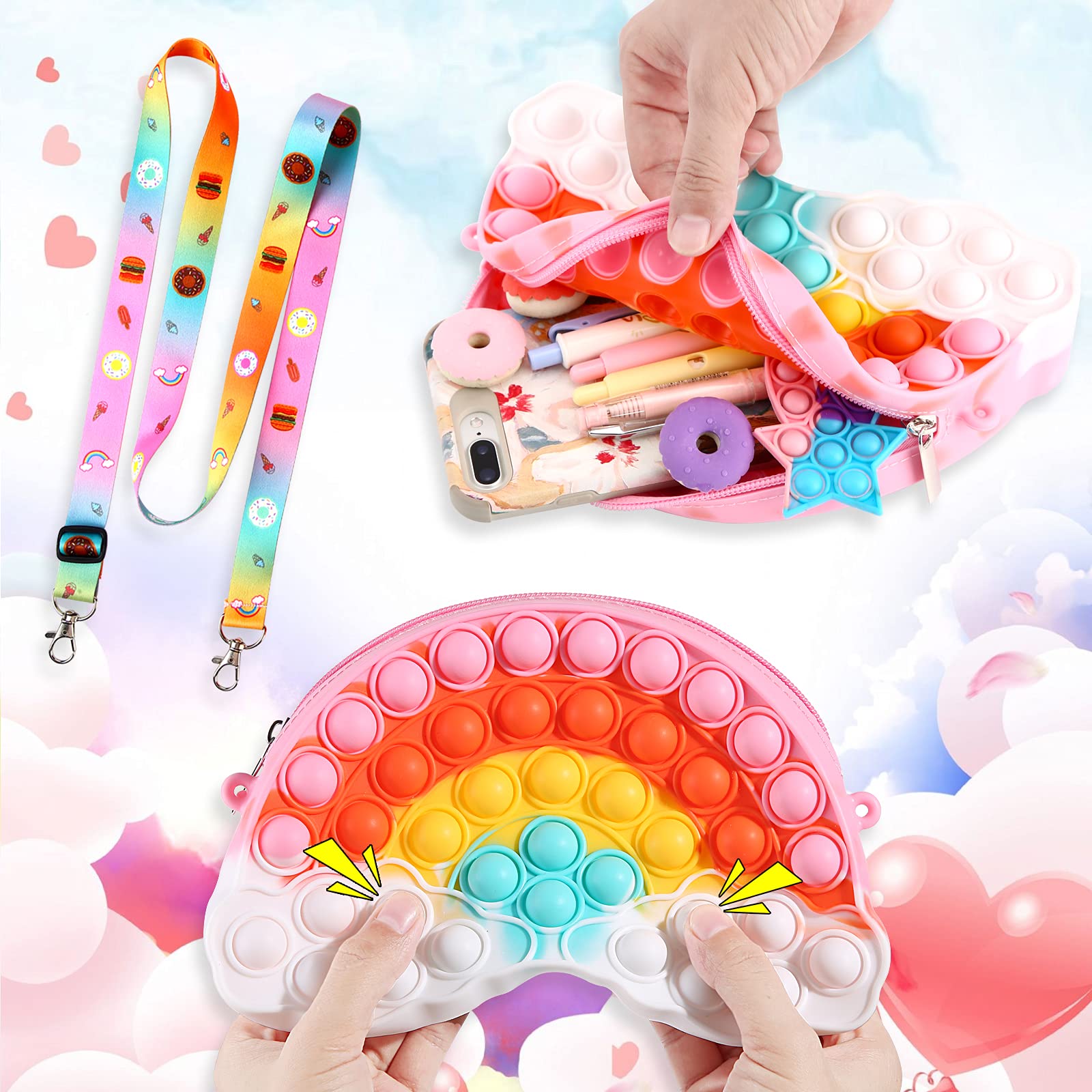 Tckoll Pop Purse Bag Fidgets for Girls,Rainbow Clouds Pop Purse Popper Bubbles Fidget Toys Handbags,Simple Anxiety Sensory Fidegt Toy,Fidget Toys Halloween Birthday Party Fidgets Gifts for Girls 10-12