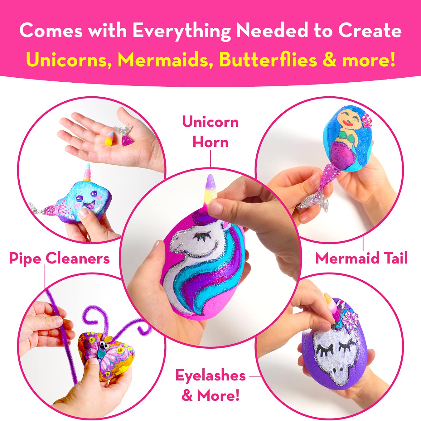 Rock Painting Kit for Kids with Unicorn Horns, Mermaid Tails and Butterfly Accessories - Includes Step-by-Step Rock Art Lessons for Girls and Boys All Ages - Arts and Crafts Paint Kits Gifts and Toys