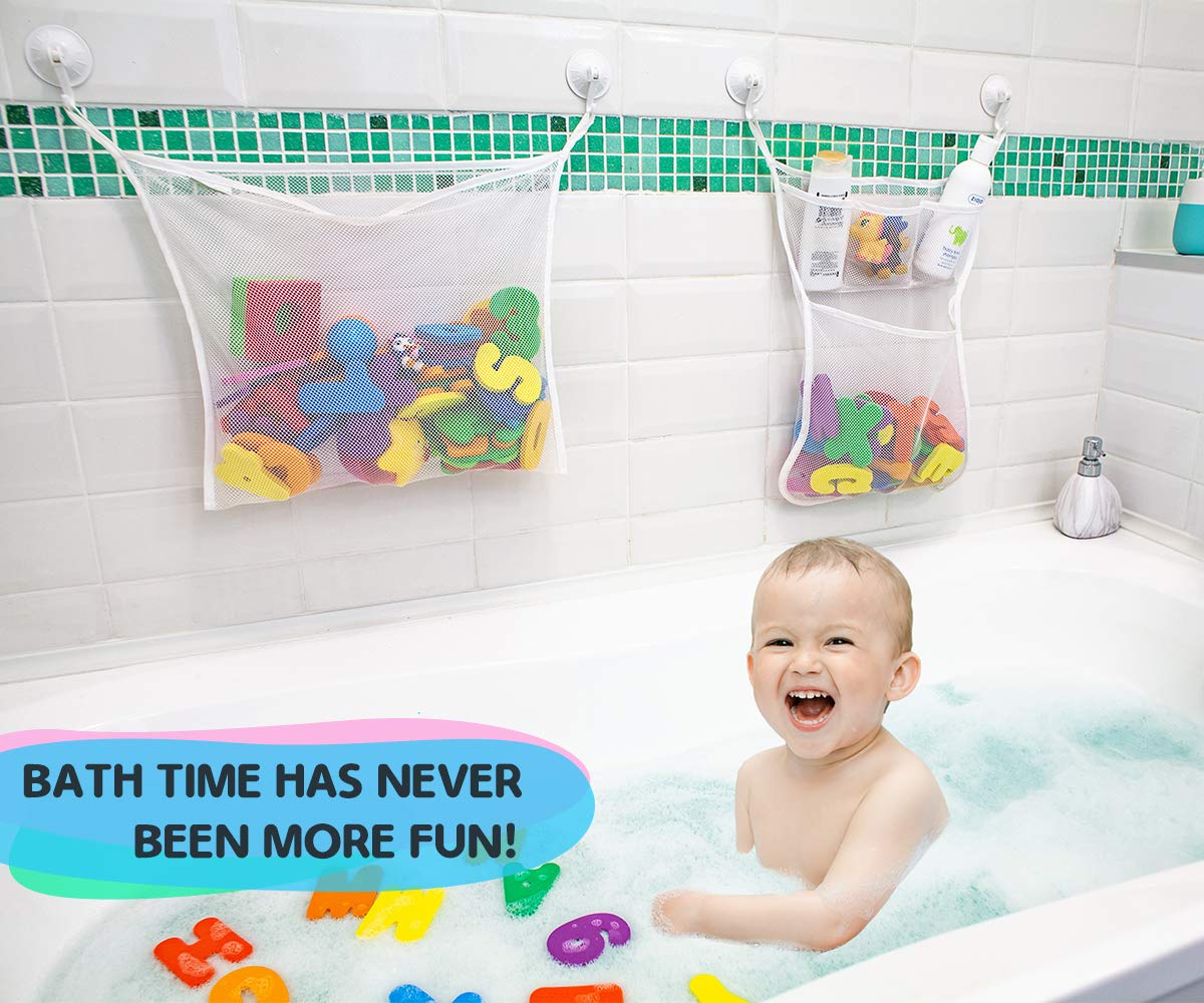 Comfylife 2 x Mesh Bath Toy Organizer + 6 Ultra Strong Hooks + 36 Bath Letters & Numbers – Eco-Safe, Fun, Educational Foam Baby Bath Letters and Perfect Toy Storage Net for Baby Bath Toys & More