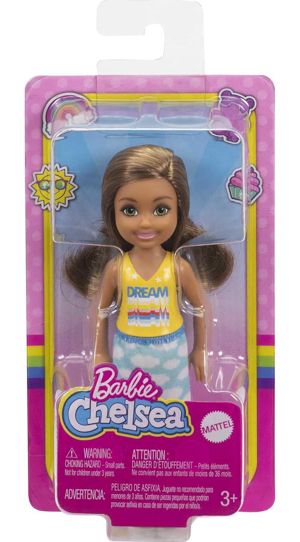 Barbie Chelsea Doll (6-inch Brunette) Wearing Skirt with Cloud Print and White Shoes, Gift for 3 to 7 Year Olds