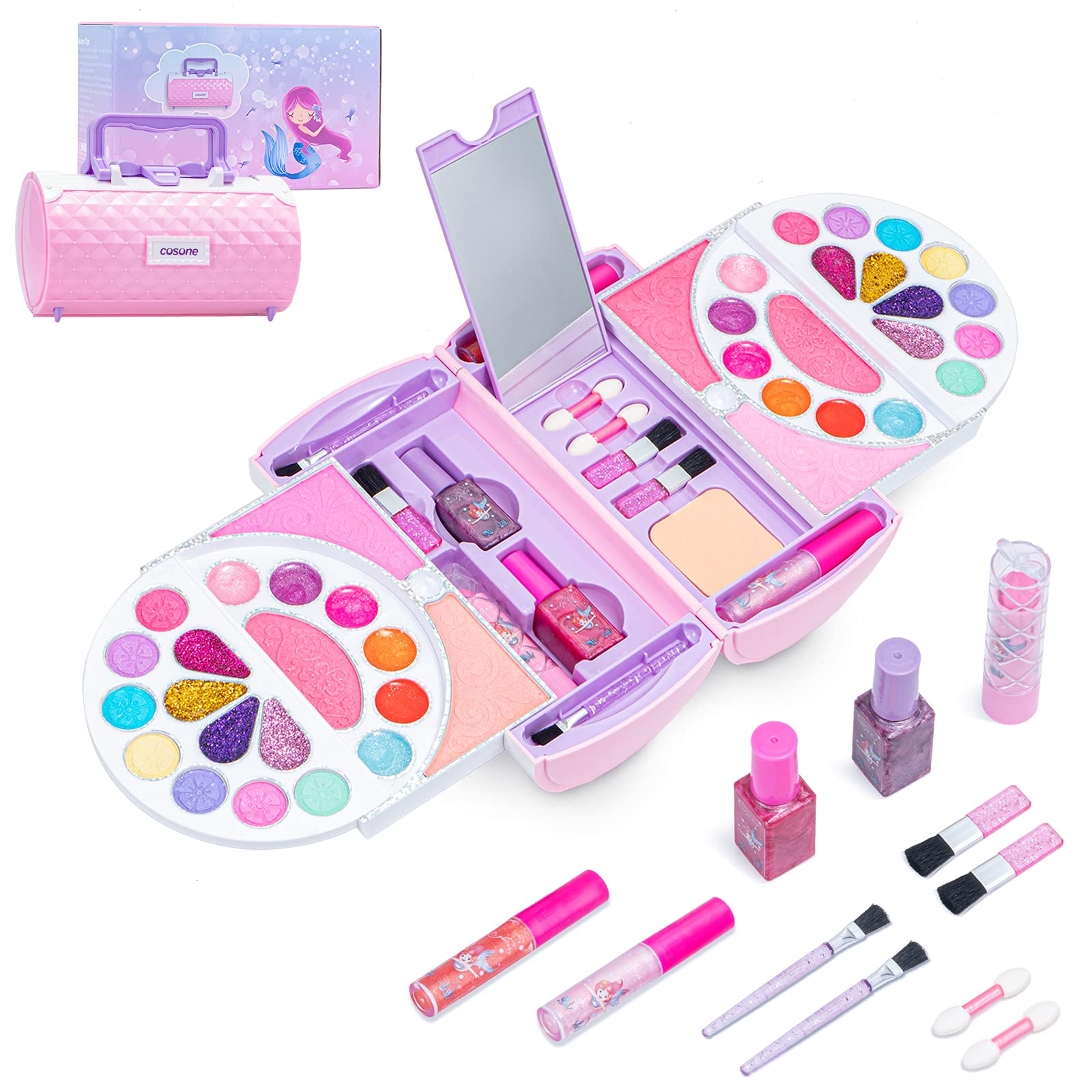 cosone Kids Makeup Kit 54 Pcs Real Cosmetic Make Up Set, Safty Tested Washable Makeup Toy Set with Portable Box for Girls Prentent Play Christmas Birthday Gift Toys